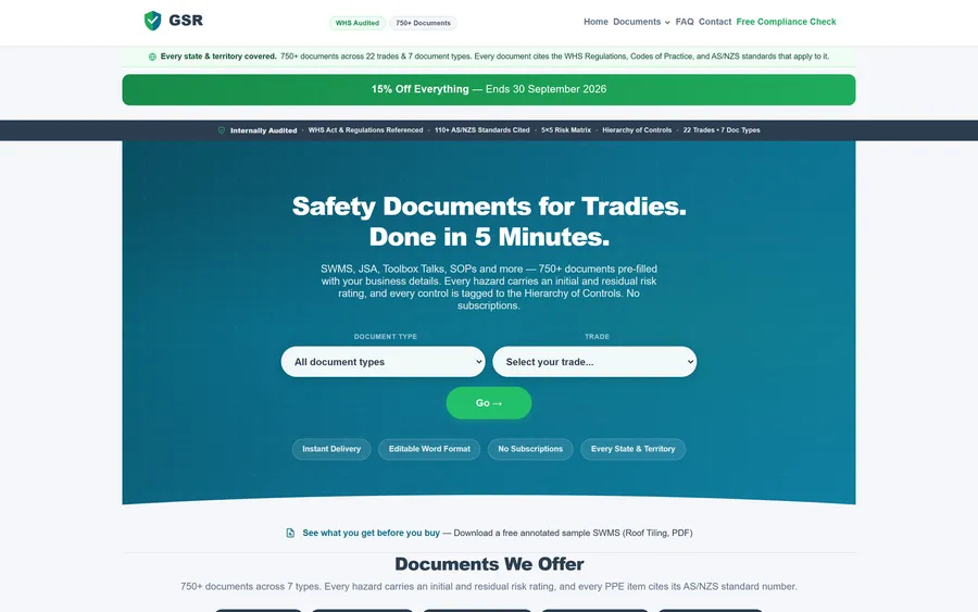 The Get Site Ready homepage — “Safety Documents for Tradies. Done in 5 Minutes.” — with document type and trade selectors, above a band citing the WHS Act, regulations and AS/NZS standards.