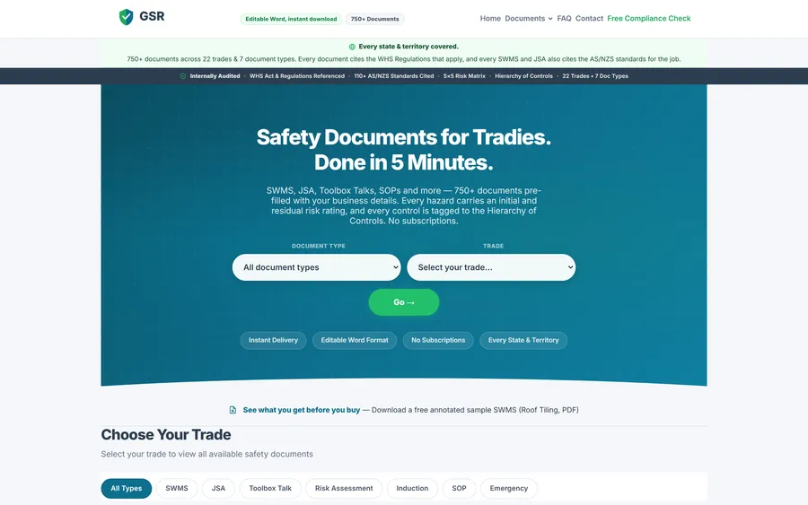 The Get Site Ready homepage: a strip citing the WHS Act, regulations and AS/NZS standards, then “Safety Documents for Tradies. Done in 5 Minutes.” with document type and trade selectors.