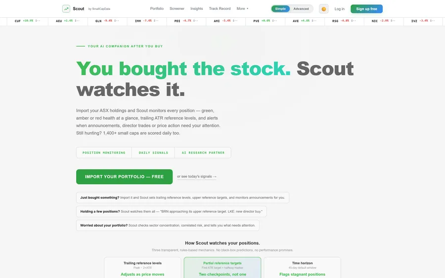 The Scout homepage — “You bought the stock. Scout watches it.” — with a live ASX ticker tape across the top and an import-your-portfolio call to action.
